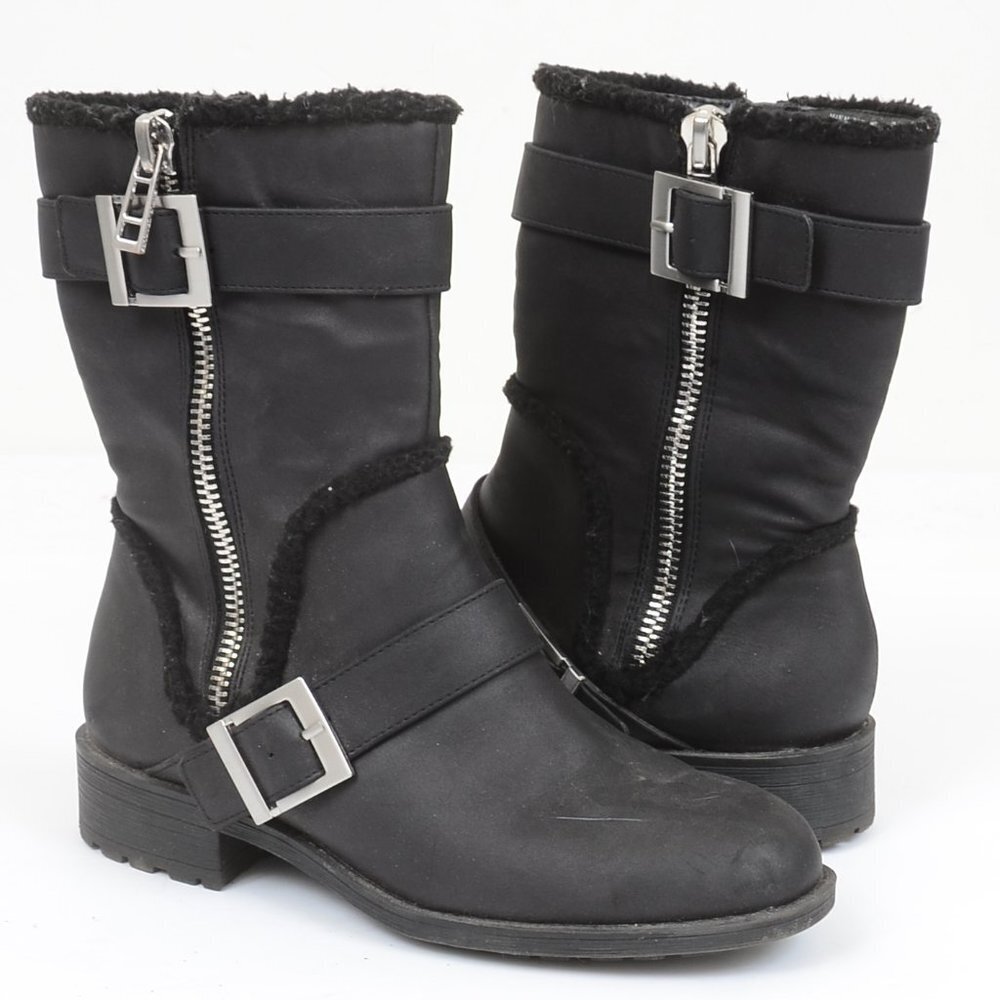 Charles David Motorcycle Faux Fur Lug Sole Bootie Size 6.5 Combat Punk Gothic